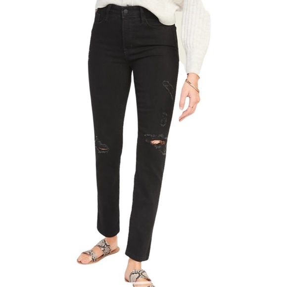 Old Navy Jeans Black High Rise Power Slim Straight Distressed NWT - Picture 1 of 8